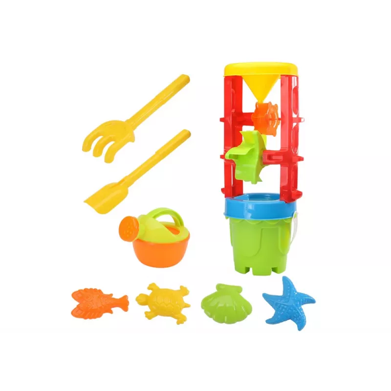 LEAN TOYS 18546 Smėlio žaislų rinkinys su dideliu malūnėliu, kibiru ir spalvotomis formelėmis – 7 dalių paplūdimio ir smėlio dėžės žaidimų rinkinys vaikams nuo 12 mėnesių