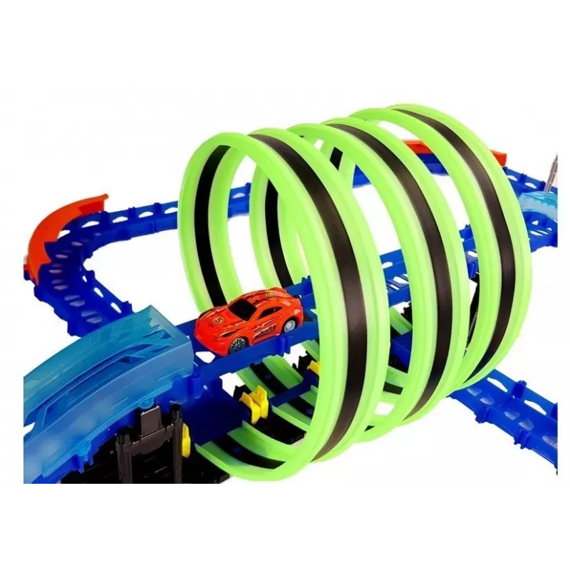 LEAN TOYS lenktynių trasa, šviečianti tamsoje, su kilpomis ir nuotolinio valdymo automobiliu