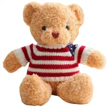 LEAN TOYS Pliušinis maskotas minkštas žaislas meškiukas dryžuotais marškinėliais kreminės spalvos 32cm