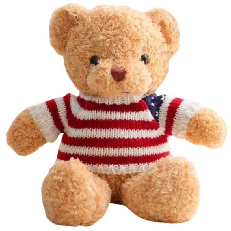 LEAN TOYS Pliušinis maskotas minkštas žaislas meškiukas dryžuotais marškinėliais kreminės spalvos 32cm