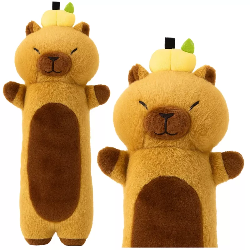 LEAN TOYS pliušinis kapibara talismanas su vaisių pailga pagalvėle-ruliu, rudas, 45cm