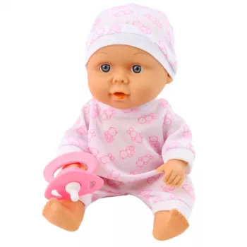LEAN TOYS Lėlė kūdikis nešynėje su pižama, kepurėle ir čiulptuku, rožinė