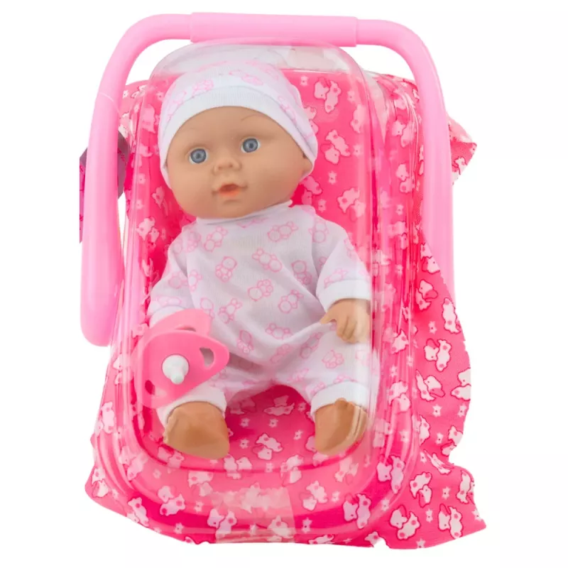 LEAN TOYS Lėlė kūdikis nešynėje su pižama, kepurėle ir čiulptuku, rožinė