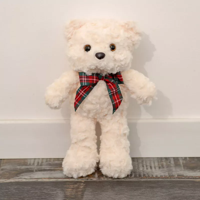 LEAN TOYS Pliušinis maskotas minkštas žaislas meškiukas su kaspinu baltas 30cm