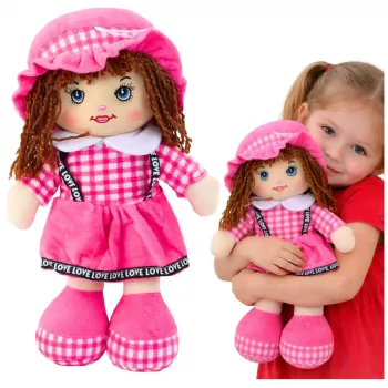 LEAN TOYS Skudurinė lėlė Minkštas žaislas Langelių rašto suknelė Rožinė 35 cm