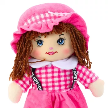 LEAN TOYS Skudurinė lėlė Minkštas žaislas Langelių rašto suknelė Rožinė 35 cm