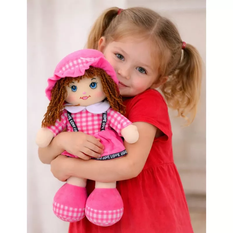 LEAN TOYS Skudurinė lėlė Minkštas žaislas Langelių rašto suknelė Rožinė 35 cm