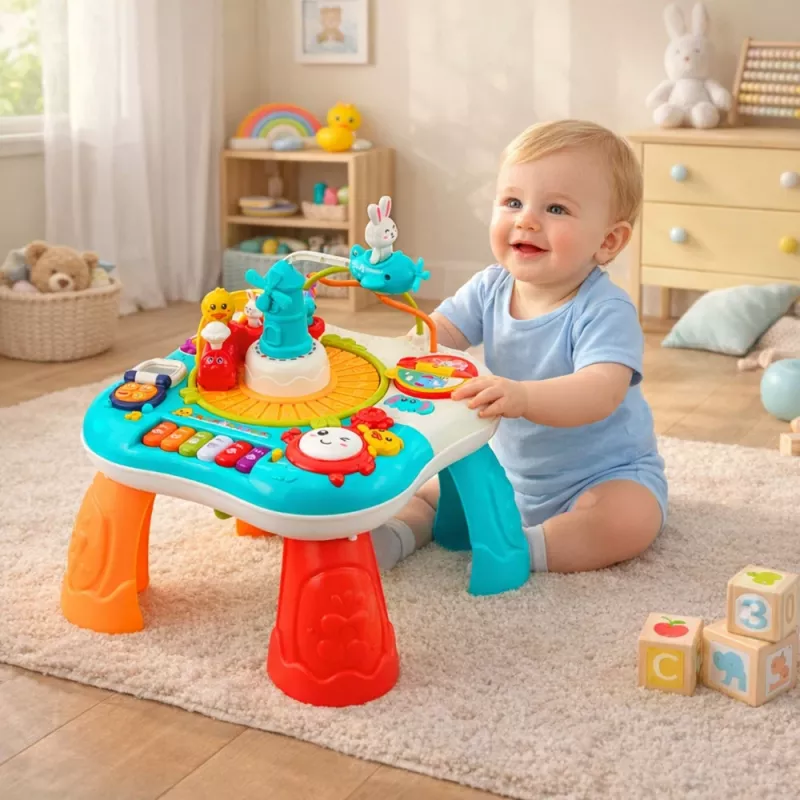 LEAN TOYS Edukacinis stalas Interaktyvus muzikos pultas Pianinas 2 in 1 Turkio spalvos