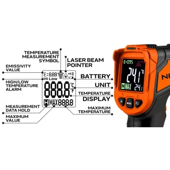 NEO TOOLS 75-276 Pirometras, bekontaktis infraraudonųjų spindulių termometras su dvigubu lazeriniu taikymu, -50°C iki 880°C, 12:1 D:S, reguliuojamas spinduliavimo koeficientas, LCD su apšvietimu