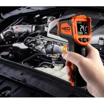 NEO TOOLS 75-276 Pirometras, bekontaktis infraraudonųjų spindulių termometras su dvigubu lazeriniu taikymu, -50°C iki 880°C, 12:1 D:S, reguliuojamas spinduliavimo koeficientas, LCD su apšvietimu