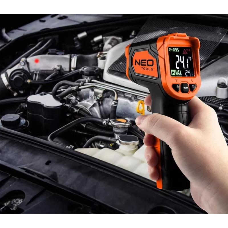 NEO TOOLS 75-276 Pirometras, bekontaktis infraraudonųjų spindulių termometras su dvigubu lazeriniu taikymu, -50°C iki 880°C, 12:1 D:S, reguliuojamas spinduliavimo koeficientas, LCD su apšvietimu