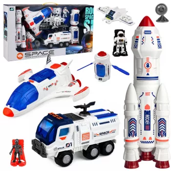 LEAN TOYS Didelis kosmoso rinkinys su stotimi, raketa, šatlu, tyrinėjimo transporto priemone ir astronautais