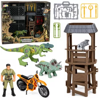 LEAN TOYS Dinozaurų tyrimų bazės rinkinys su dinozaurų figūrėlėmis, bokštu, narvu ir priedais
