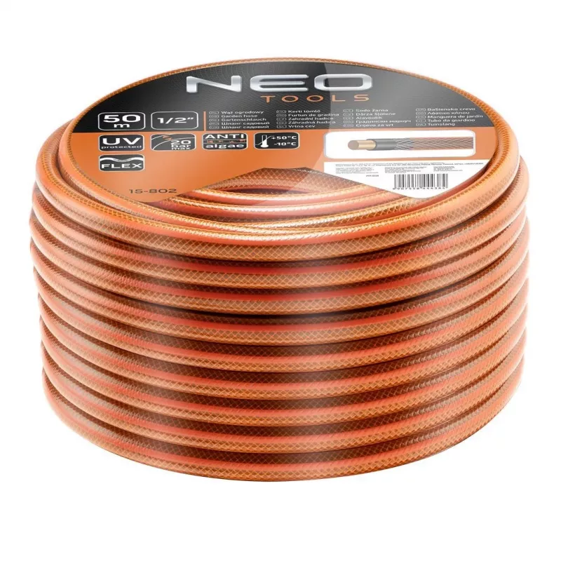 NEO TOOLS 15-802 1/2 colio x 50 m 4 sluoksnių sodo žarna, 25 bar atsparumas trūkimui, atspari UV ir dumbliams, nesusisukanti lanksti PVC, žalia