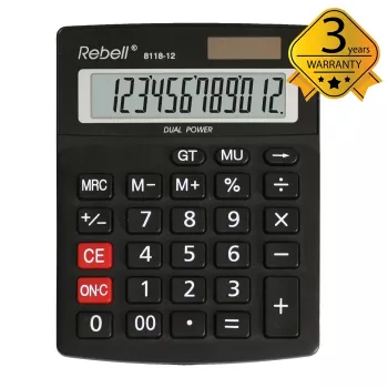 REBELL RE-8118-12 BX pusiau stalinis skaičiuotuvas, 12 skaitmenų pasviręs LCD, dvigubas maitinimas saulės baterija ir baterija, juodas