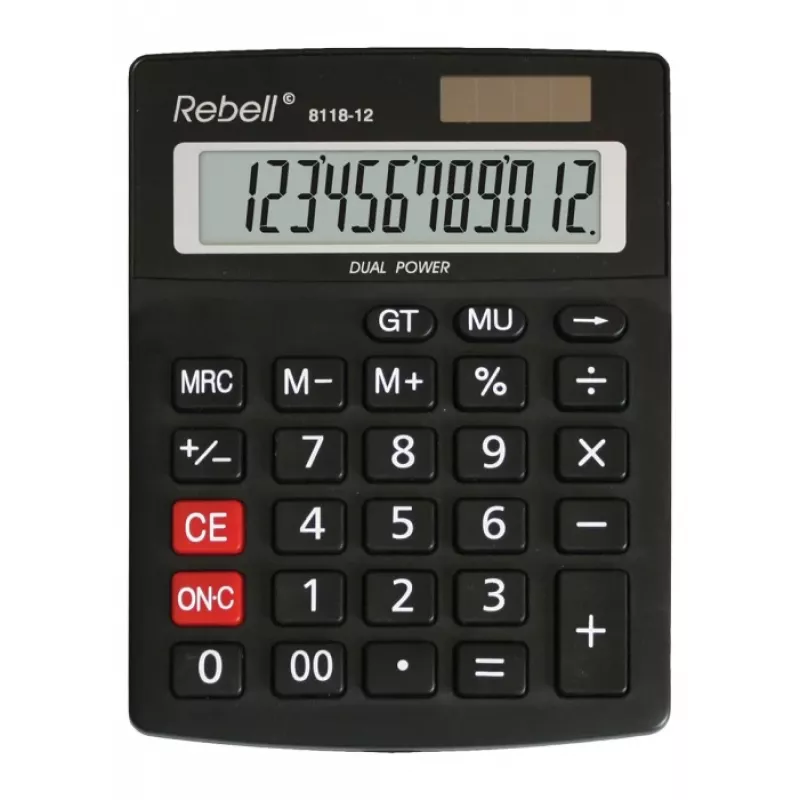 REBELL RE-8118-12 BX pusiau stalinis skaičiuotuvas, 12 skaitmenų pasviręs LCD, dvigubas maitinimas saulės baterija ir baterija, juodas