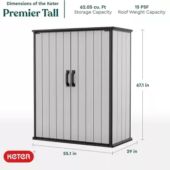 Keter Premier Tall sodo spintelė 29209552 – smėlio/rudo atspalvio dervos sandėliukas, 1700L, dvigubos sienelės, užrakinama