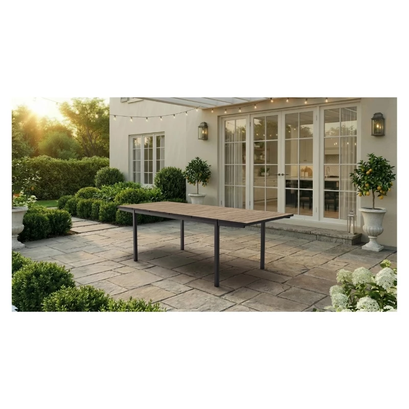 KETER Sodo stalas ištraukiamas Deco Porto Nova Ištraukiamas 160-240 cm uosio medienos atspalvio/juodas