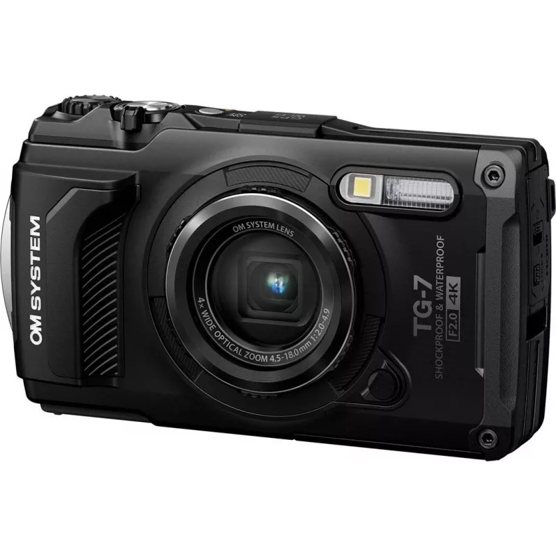 OM System Tough TG-7 juodas atsparus smūgiams kompaktiškas fotoaparatas, 12 MP, 4K vaizdo įrašas, atsparus vandeniui 15 m