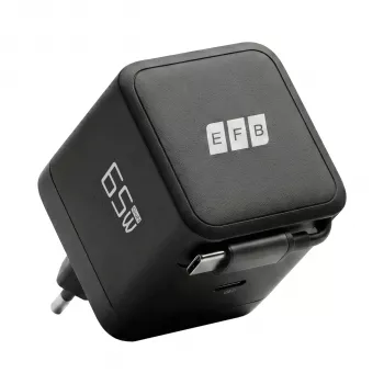 EFB Elektronik G652CE 65W GaN USB-C PD 3.0 sieninis įkroviklis su ištraukiamu kabeliu, juodas