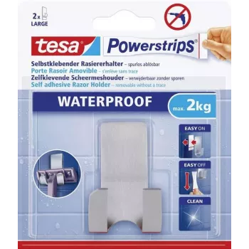 tesa Powerstrips skustuvo laikiklis WAVE WATERPROOF, nerūdijantis plienas, šlapioms aplinkoms (dušui/vonios kambariui), 1 vnt.