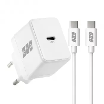 EFB Elektronik G201CE 20W USB-C GaN sieninis įkroviklis su 2m USB-C kabeliu, PD3.0 ir QC3.0, baltas