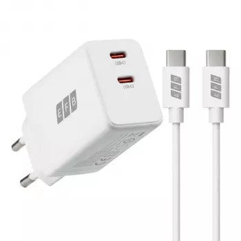 EFB Elektronik G452CE 45W dvigubų USB-C GaN sieninis įkroviklis su 2m USB-C kabeliu, baltas