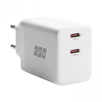 EFB Elektronik G452CE 45W dvigubų USB-C GaN sieninis įkroviklis su 2m USB-C kabeliu, baltas