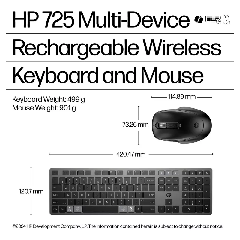 HPINC HP 725 - klaviatūros ir pelės rinkinys - daugiafunkcis, įkraunamas, maitinamas superkondensatoriumi - viso dydžio - belaidis - Nightfall juodas -
