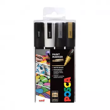 Uni-Ball Faber-Castell POSCA PC-5M metalinių akrilinių dažų žymeklių rinkinys, 4 spalvos, vidutinis apvalus antgalis 1,8-2,5 mm 182544