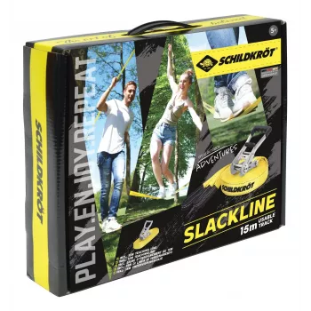SCHILDKRÖT Slackline rinkinys 15 m geltonas, 50 mm pločio su reketo įtempimo sistema - Pusiausvyros treniravimo rinkinys 970701