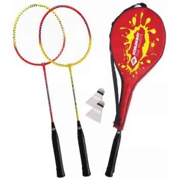 SCHILDKROT badmintono rinkinys 2 žaidėjams, raudonos/geltonos spalvos, grūdinto plieno raketės, mėgėjų kokybės, 970902