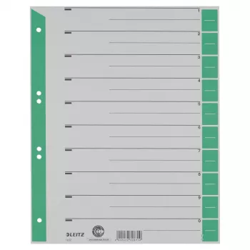 LEITZ 16523055 A4 kartono skirtukų lapai, žali, 25 lapai, universalus 11 skylių, 160 gsm