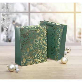 SIGEL GT118 Dovanų maišeliai, auksiniai ornamentai ant žalios spalvos, 26 x 32 cm, 5 vnt. paketas