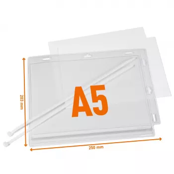 DURABLE vandeniui atsparūs A5 plakatų kišenės su surišimo dirželiais, 5 vnt. paketas (505919)