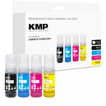 KMP rašalo papildymo rinkinys, skirtas Canon GI-55BK/C/M/Y, 4x70 ml kombinuotas paketas (juodas, žydras, purpurinis, geltonas) 1587,0005