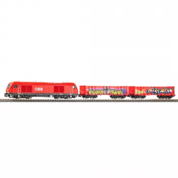 PIKO 57033 H0 vaikų pradiniam rinkiniui ÖBB krovininis traukinys Rh 2016 su dviem Eaos atvirais vagonais