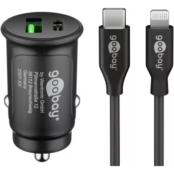 Goobay dvigubas USB greitasis automobilinis įkroviklis su Lightning 27 W - USB-C ir USB-A automobilinis įkroviklis su USB-C į Lightning kabeliu 72166