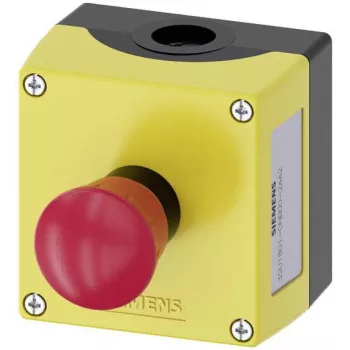 Siemens SIRIUS ACT 3SU18010NB002AA2 Pilnas korpusas grindų montavimui, 1 avarinio sustabdymo mygtukas, pasukamas atlaisvinimas, raudonas, geltonas