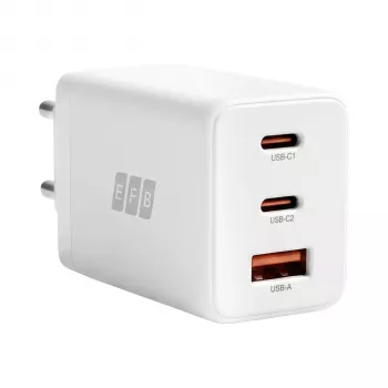 EFB Elektronik 65W GaN sieninis įkroviklis 2x USB-C + USB-A PD3.0 QC3.0 Baltas G651A2CE