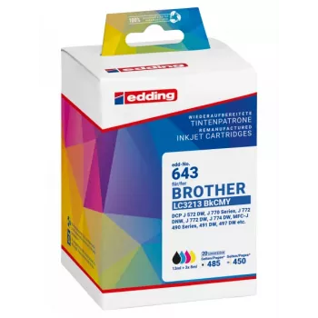 Edding 18-643 Suderinama rašalo kasetė Multipack Brother LC3213 serijai - Juoda, Žydra, Purpurinė, Geltona (4 vnt.)