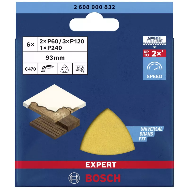Bosch EXPERT C470 delta šlifavimo lapų rinkinys 93 mm P60/P80/P120 su Velcro tvirtinimu perforuotas 6 vnt. 2608900832