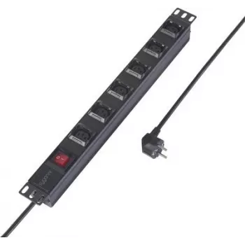 Sygonix SY-6736982 19 colių 6 vietų Schuko PDU maitinimo juosta, 1U stovo tvirtinimas, 2 m kabelis, juoda