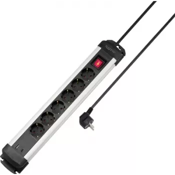 Sygonix SY-6807130 6 vietų maitinimo juosta su apšviestu jungikliu, juoda/sidabrinė, 1,5 m kabelis