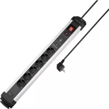 Sygonix SY-6805674 6 vietų apsaugos nuo viršįtampių elektros skirstytuvas su jungikliu, Schuko, 1,5 m kabelis, juodas/sidabrinis