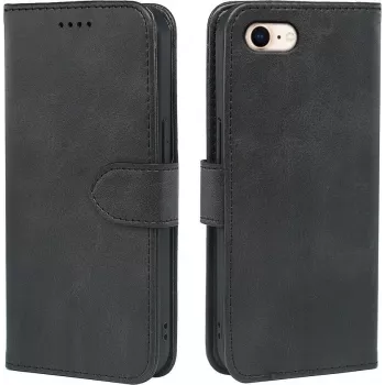 AIMOYU Premium Leather Flip Wallet Case for iPhone SE (2022/2020), iPhone 8/7 - Black