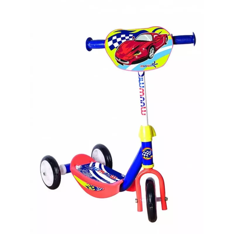 MUUWMI AU 506 KiddyScooter Racing 3 ratų paspirtukas vaikams nuo 3 metų, mėlynos/raudonos spalvos, LED apšvietimo priekiniai ratai, reguliuojamas vairas 58-68 cm, maks. 20 kg