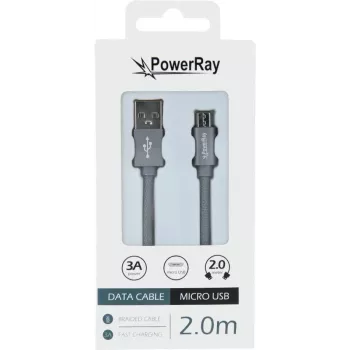 „PowerRay“ USB į „Micro-USB“ duomenų kabelis, 2 m, tekstilės pilkas, blisteris PR-DCUM200TGY