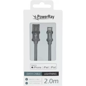PowerRay PR-DCUL200TGY MFi sertifikuotas USB-A į Lightning pintas kabelis 2m tekstilinis pilkas
