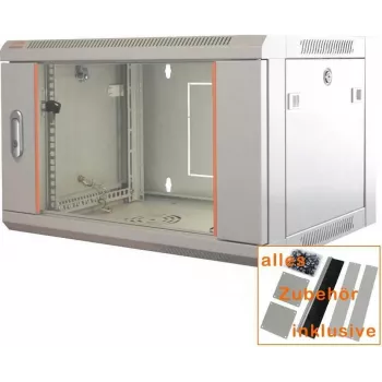 IT-BUDGET 19 inch Tinklo spintelė SWA - 4U - 570 x 350 mm - Stiklinės durelės - Nuimami šonai - Montavimas ant sienos ir grindų - Priedų rinkinys - Šviesiai pilka (90ITB19WS4635GG)